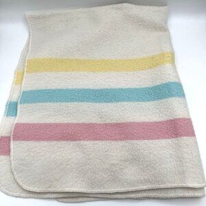 Vintage Esmond Baby Blanket 100% Acrylic Pink Blue Yellow Stripes 28” X 37” READ